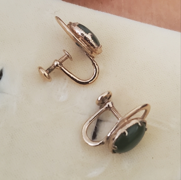 Vintage Amco Jewels Genuine Jade Earring Set 14KT Gold Overlay - Picture 12 of 14